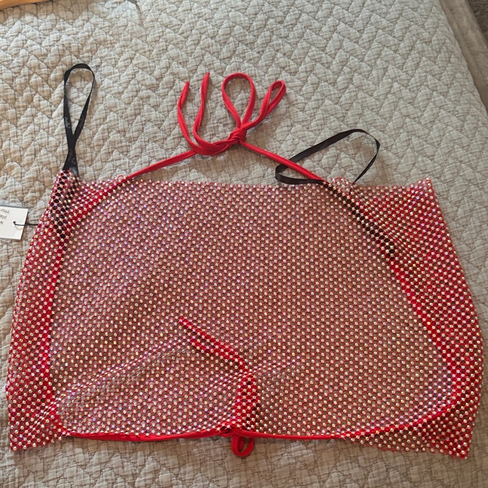 Red and Black Rhinestone Mesh Crop Top